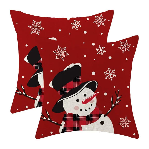 Snowman Christmas Pillow Covers 18x18 Inch Set of 2, Red Background White Snow Snowman
