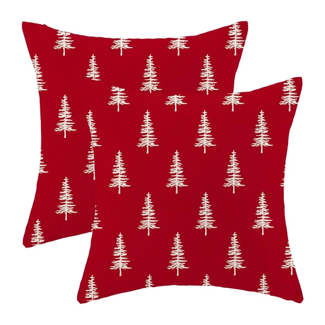 Christmas Pillow Covers 18x18 Inch Set of 2, Red Christmas Tree Decorative