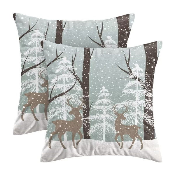 Winter Deer Pillow Covers 18x18 Inch Set of 2, Winter Landscape Snow Tree