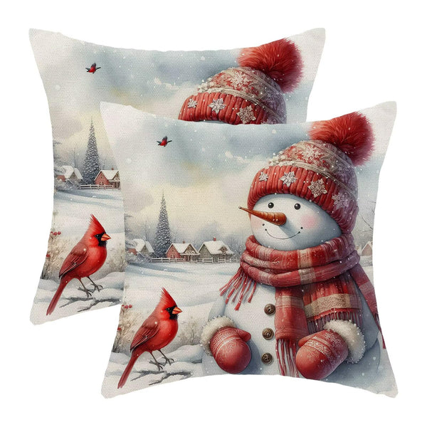 Snowman Pillow Covers 18x18 Inch Set of 2, Christmas Red Cardinal Bird