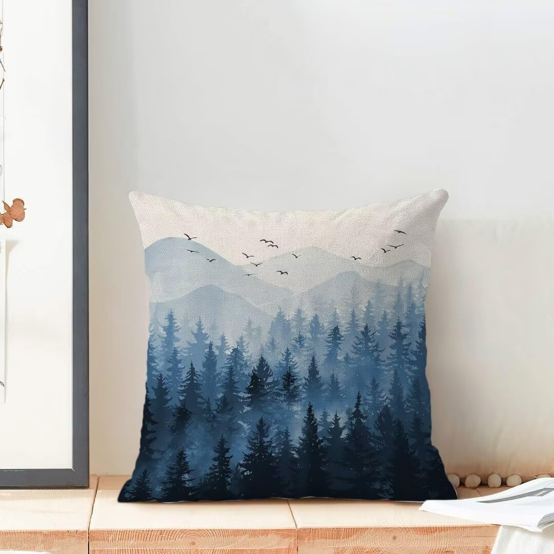 Christmas Pillow Covers 18x18 Inch Set of 2 Navy Blue White Misty Forest