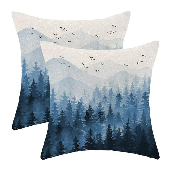 Christmas Pillow Covers 18x18 Inch Set of 2 Navy Blue White Misty Forest