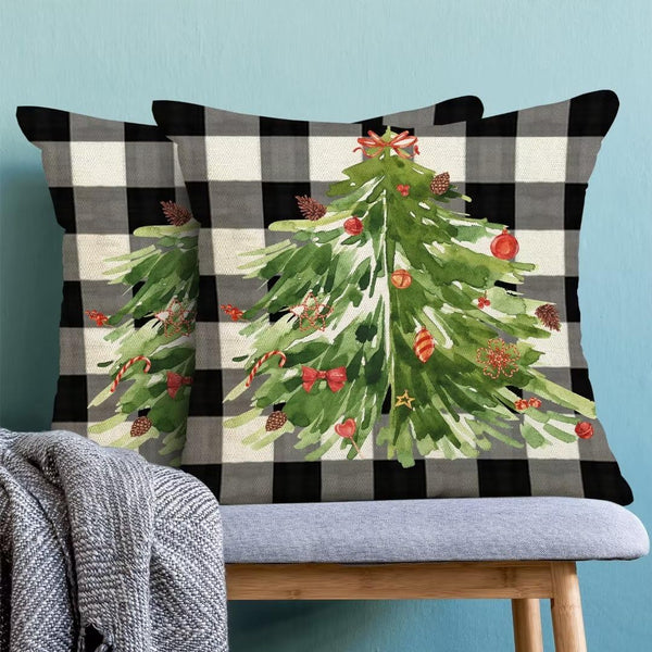 Christmas Pillow Covers 18x18 Inch Set of 2, Buffalo Plaid Christmas Tree Nature Forest Decorative