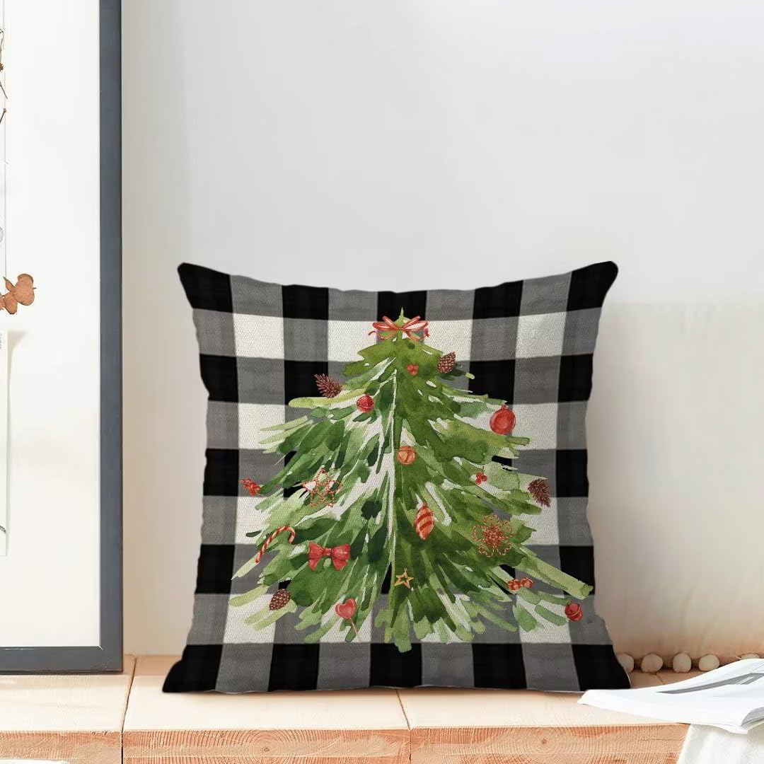 Christmas Pillow Covers 18x18 Inch Set of 2, Buffalo Plaid Christmas Tree Nature Forest Decorative