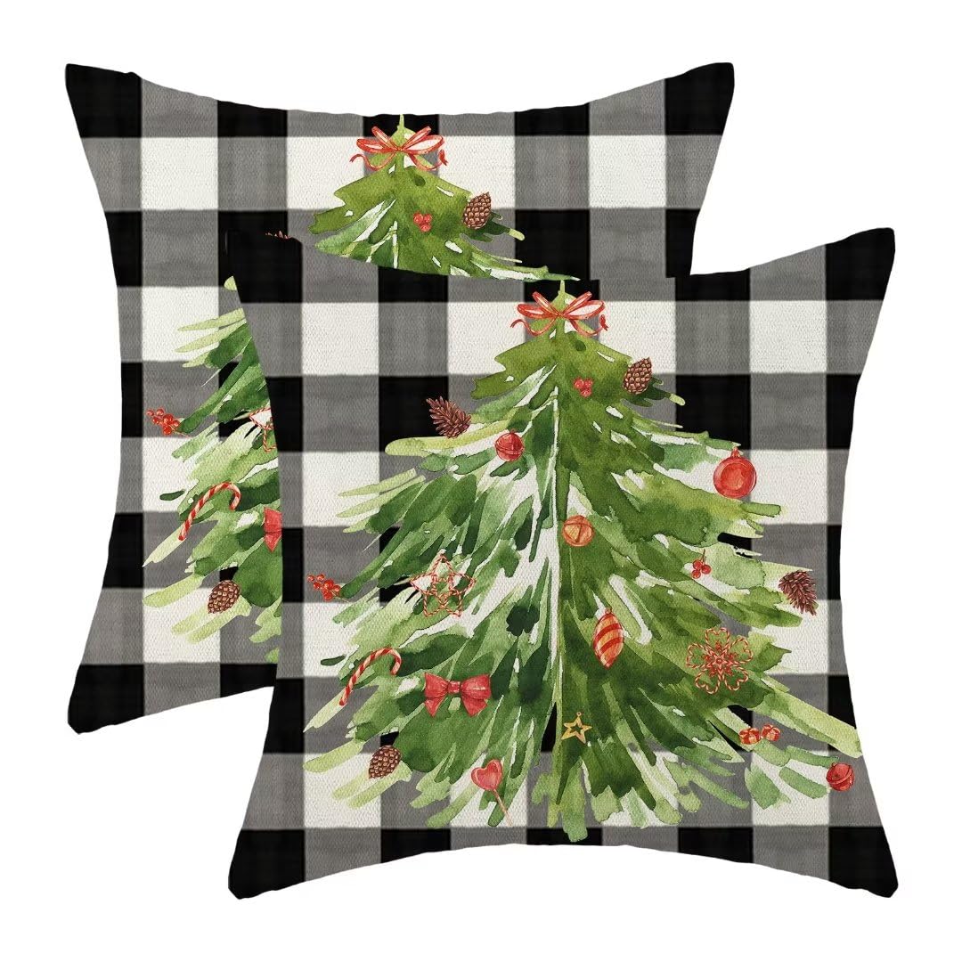 Christmas Pillow Covers 18x18 Inch Set of 2, Buffalo Plaid Christmas Tree Nature Forest Decorative