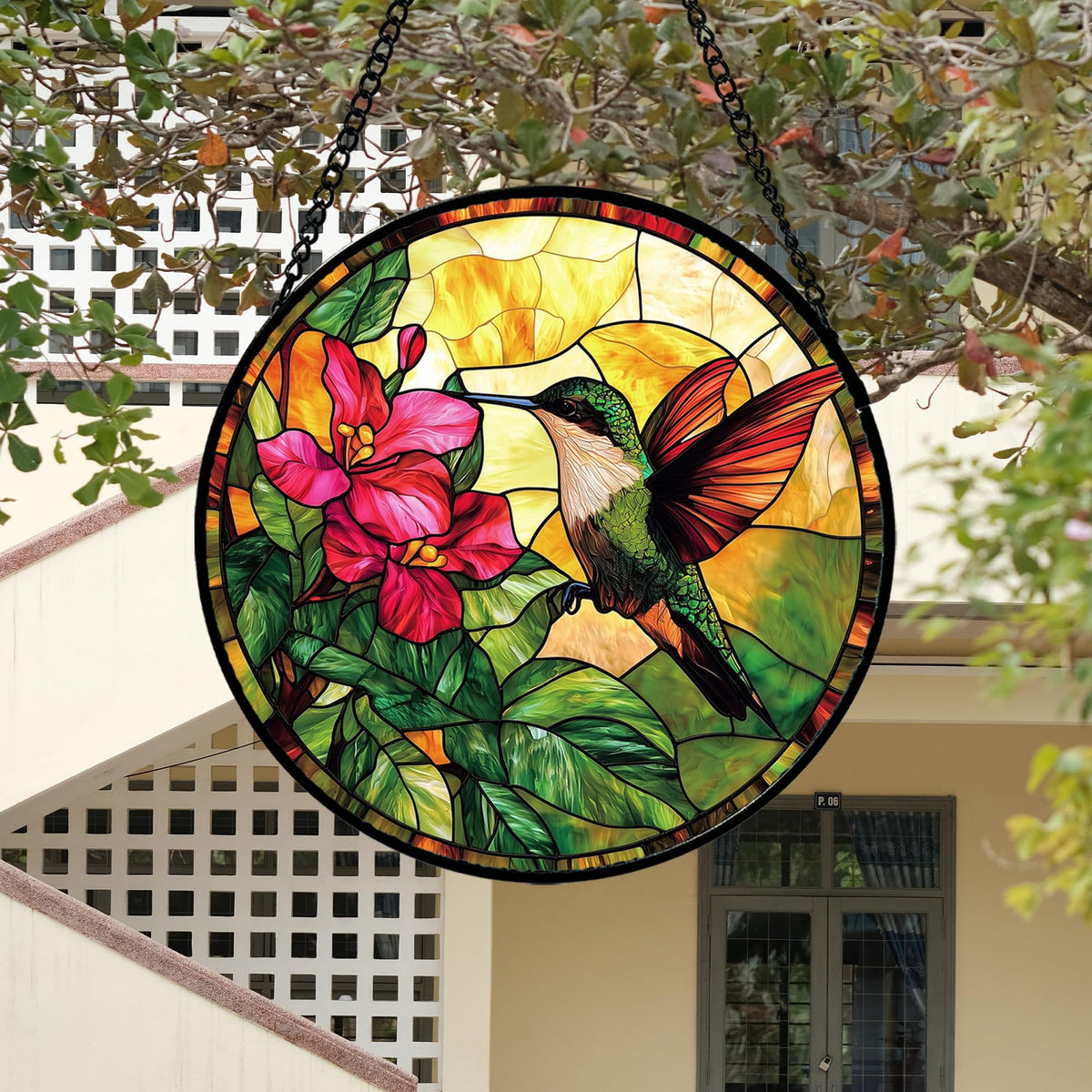 Stained Glass Suncatcher, Hummingbird Red Flowers Green Leaves Sun Catcher Stain Glass Window Hanging