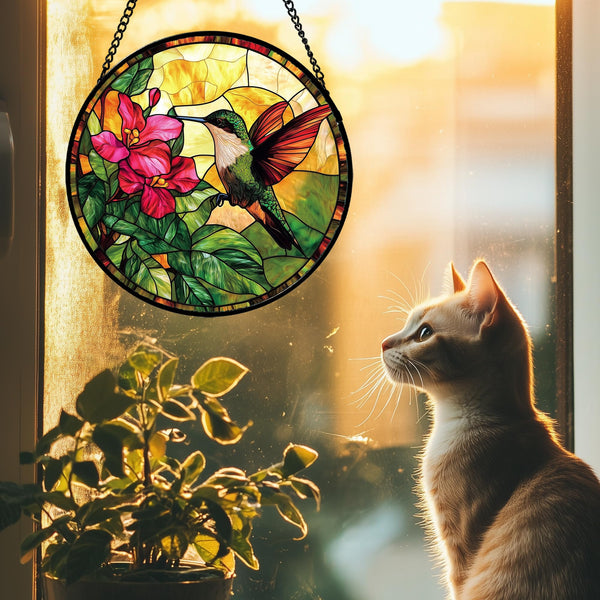 Stained Glass Suncatcher, Hummingbird Red Flowers Green Leaves Sun Catcher Stain Glass Window Hanging
