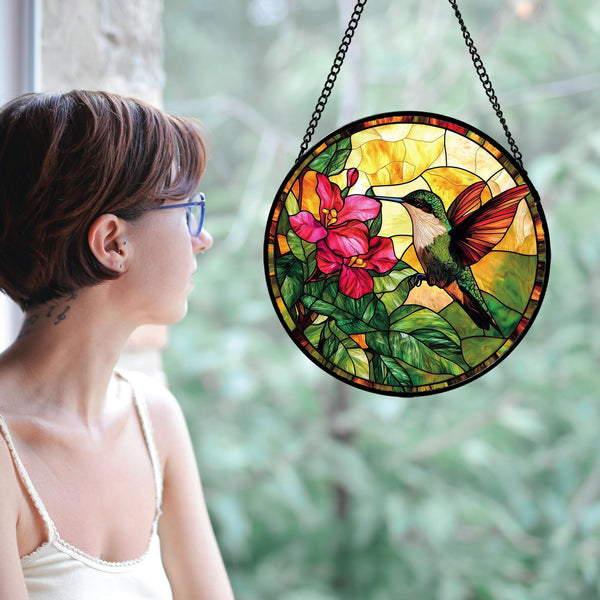 Stained Glass Suncatcher, Hummingbird Red Flowers Green Leaves Sun Catcher Stain Glass Window Hanging