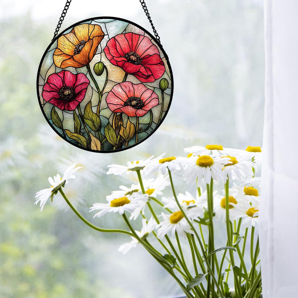 Stained Glass Suncatcher, Red Orange Poppy Flowers Sun Catcher Silver Background Wildflowers