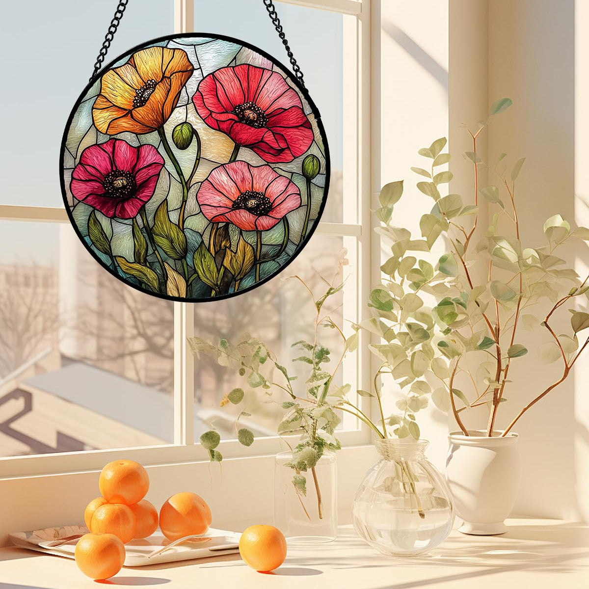Stained Glass Suncatcher, Red Orange Poppy Flowers Sun Catcher Silver Background Wildflowers