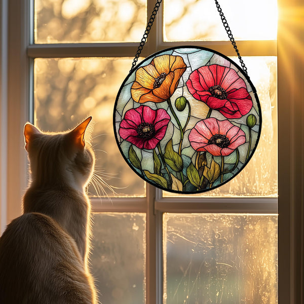 Stained Glass Suncatcher, Red Orange Poppy Flowers Sun Catcher Silver Background Wildflowers