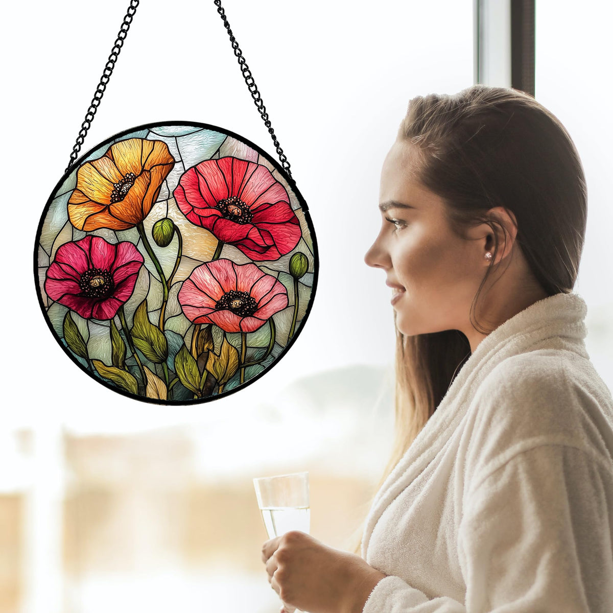 Stained Glass Suncatcher, Red Orange Poppy Flowers Sun Catcher Silver Background Wildflowers