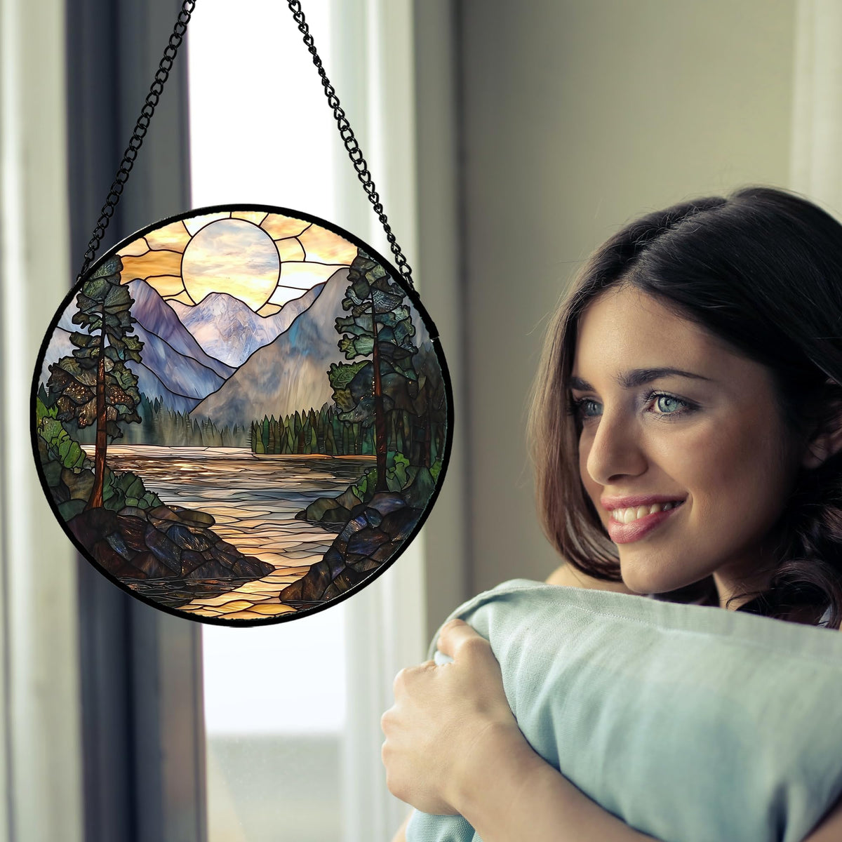 Stained Glass Window Hanging, Sunset Mountains Lake Tree Sun Catcher for Window Home Decor
