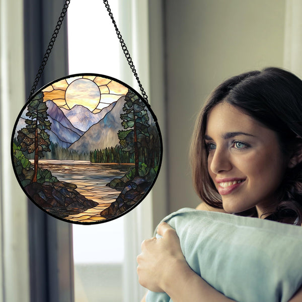 Stained Glass Window Hanging, Sunset Mountains Lake Tree Sun Catcher for Window Home Decor