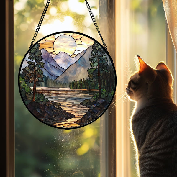 Stained Glass Window Hanging, Sunset Mountains Lake Tree Sun Catcher for Window Home Decor
