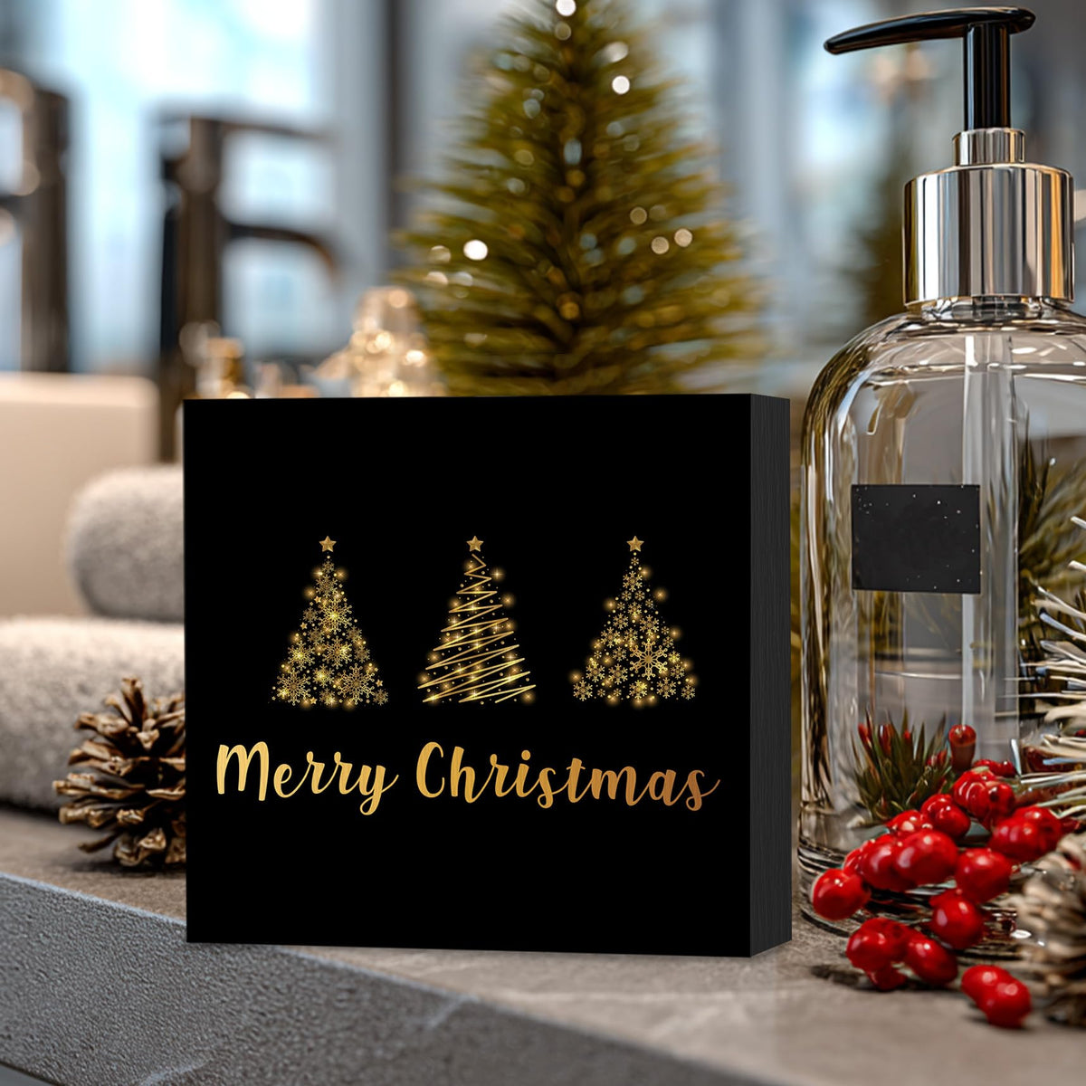 Christmas Wooden Box Sign, Black and Gold Christmas Tree Winter Wood Block Box Sign