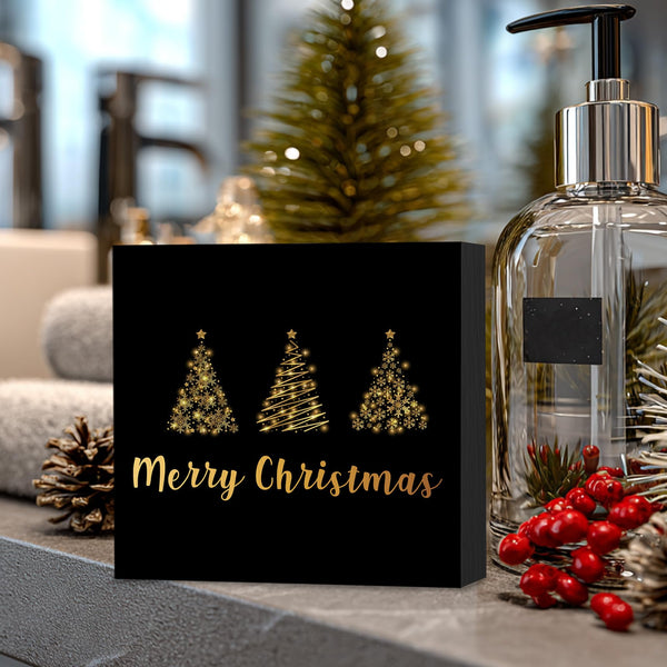 Christmas Wooden Box Sign, Black and Gold Christmas Tree Winter Wood Block Box Sign