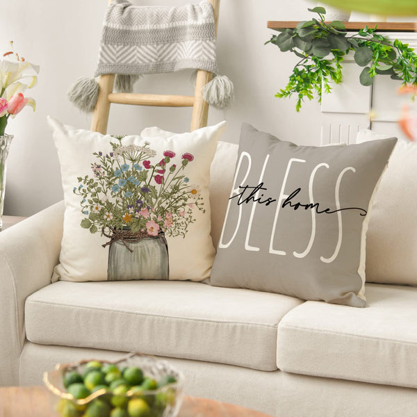 Fall Wildflowers Home Sweet Home Throw Pillow Covers, 18x18 Inch Autumn Seasonal Decorations Set of 4