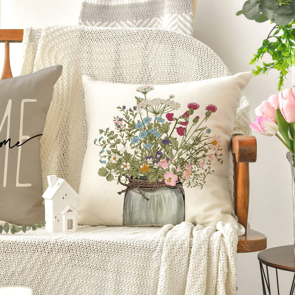 Spring Wildflowers Home Sweet Home Throw Pillow Covers, 18x18 Inch Autumn Seasonal Decorations Set of 4
