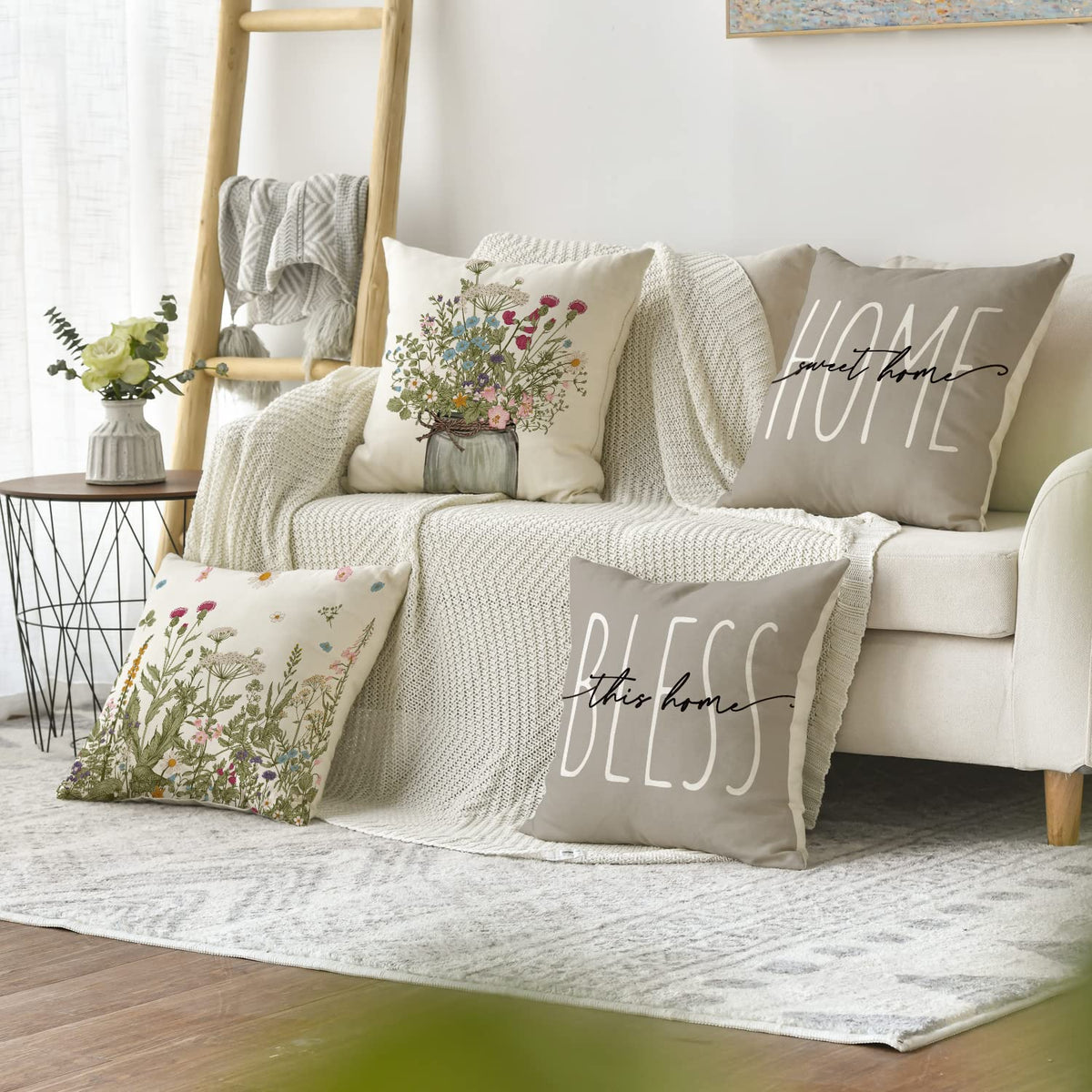 Spring Wildflowers Home Sweet Home Throw Pillow Covers, 18x18 Inch Autumn Seasonal Decorations Set of 4