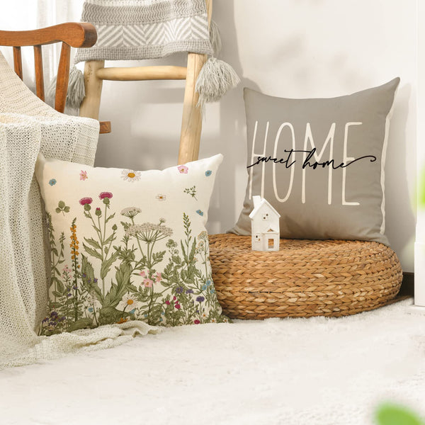 Spring Wildflowers Home Sweet Home Throw Pillow Covers, 18x18 Inch Autumn Seasonal Decorations Set of 4