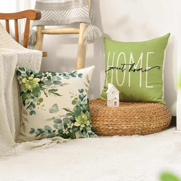 Home Sweet Home Eucalyptus Leaves Green Throw Pillow Covers, 18x18 Inch Spring Summer Seasonal