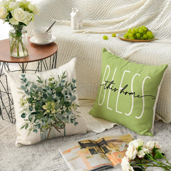 Home Sweet Home Eucalyptus Leaves Green Throw Pillow Covers, 18x18 Inch Spring Summer Seasonal