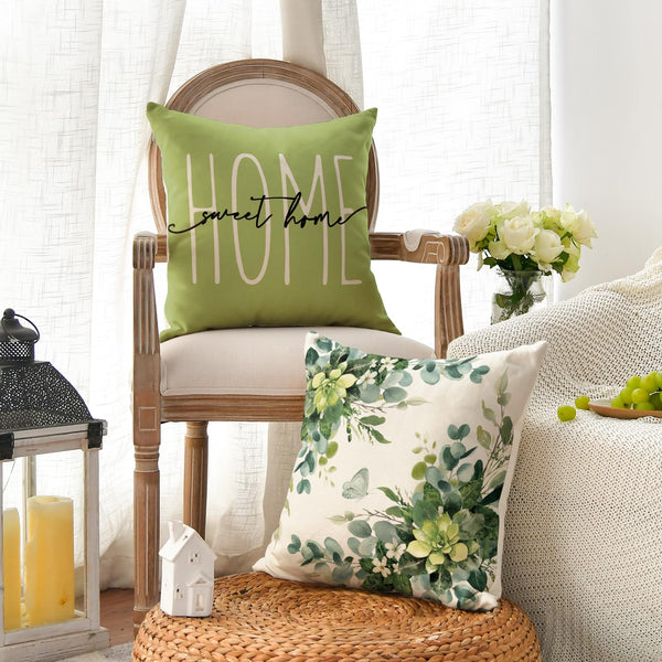 Home Sweet Home Eucalyptus Leaves Green Throw Pillow Covers, 18x18 Inch Spring Summer Seasonal