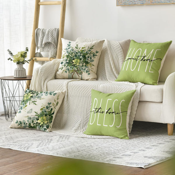 Home Sweet Home Eucalyptus Leaves Green Throw Pillow Covers, 18x18 Inch Spring Summer Seasonal