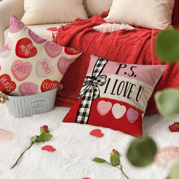 Be My Valentine Red Candy Heart Throw Pillow Covers, 18 x 18 Inch Valentine Stripes