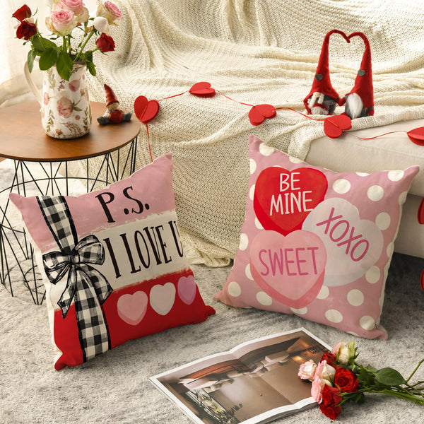 Be My Valentine Red Candy Heart Throw Pillow Covers, 18 x 18 Inch Valentine Stripes