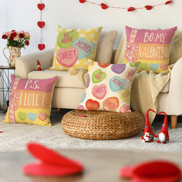 Be My Valentine Red Candy Heart Throw Pillow Covers, 18 x 18 Inch Valentine Stripes