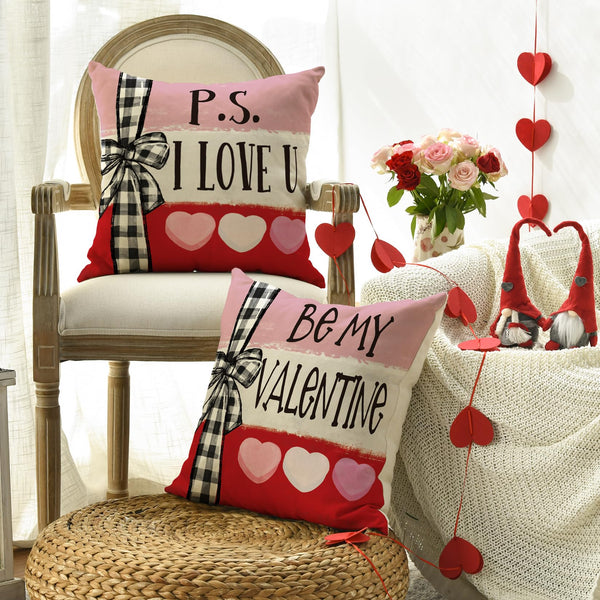 Be My Valentine Red Candy Heart Throw Pillow Covers, 18 x 18 Inch Valentine Stripes