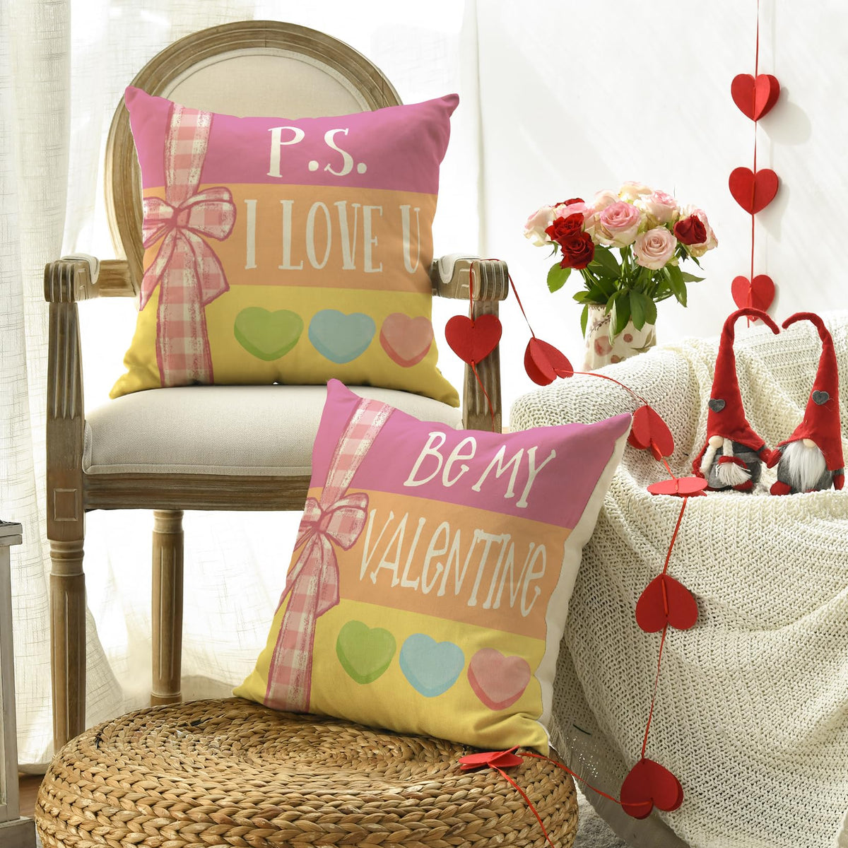 Be My Valentine Red Candy Heart Throw Pillow Covers, 18 x 18 Inch Valentine Stripes