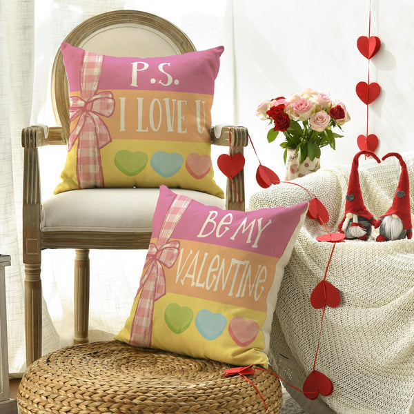 Be My Valentine Red Candy Heart Throw Pillow Covers, 18 x 18 Inch Valentine Stripes