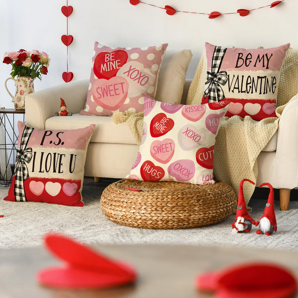 Be My Valentine Red Candy Heart Throw Pillow Covers, 18 x 18 Inch Valentine Stripes
