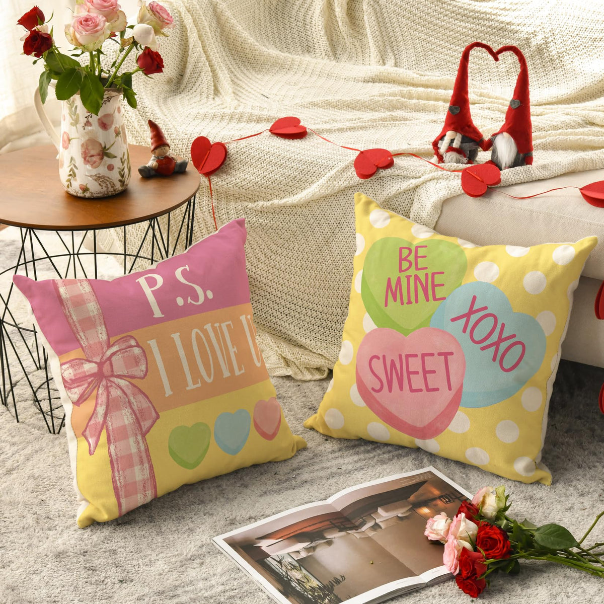 Be My Valentine Red Candy Heart Throw Pillow Covers, 18 x 18 Inch Valentine Stripes