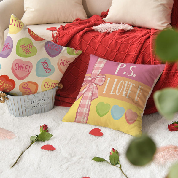 Be My Valentine Red Candy Heart Throw Pillow Covers, 18 x 18 Inch Valentine Stripes