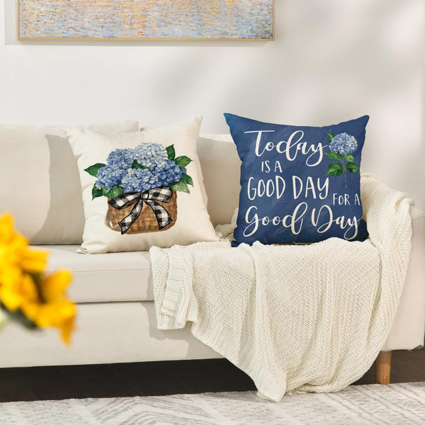 Blue Hydrangea Spring Summer Throw Pillow Covers, 18 x 18 Inch Today is A Good Day Dark Blue