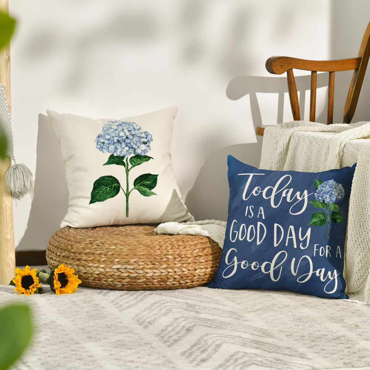 Blue Hydrangea Spring Summer Throw Pillow Covers, 18 x 18 Inch Today is A Good Day Dark Blue