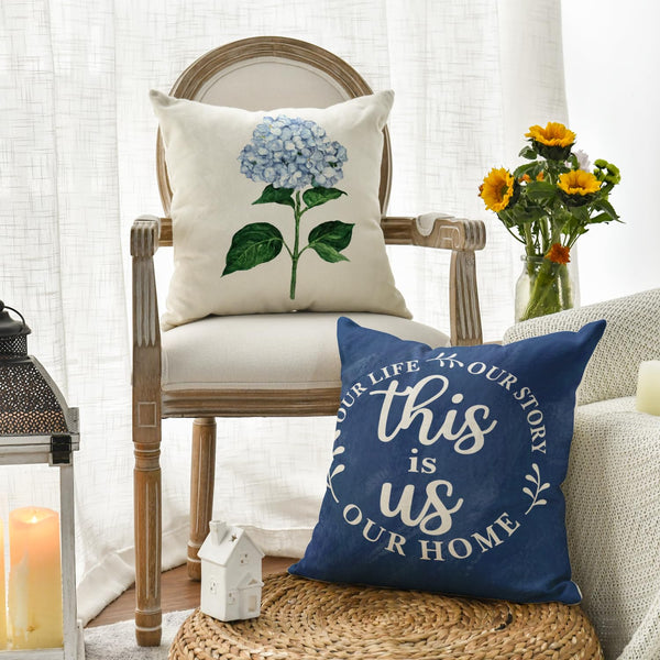 Blue Hydrangea Spring Summer Throw Pillow Covers, 18 x 18 Inch Today is A Good Day Dark Blue