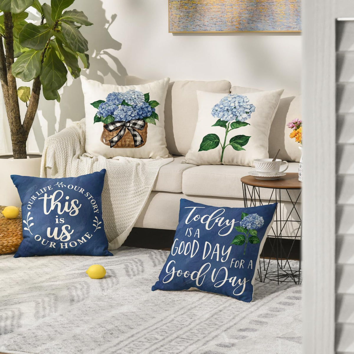 Blue Hydrangea Spring Summer Throw Pillow Covers, 18 x 18 Inch Today is A Good Day Dark Blue