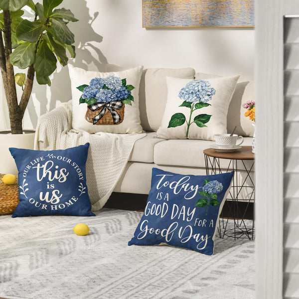 Blue Hydrangea Spring Summer Throw Pillow Covers, 18 x 18 Inch Today is A Good Day Dark Blue