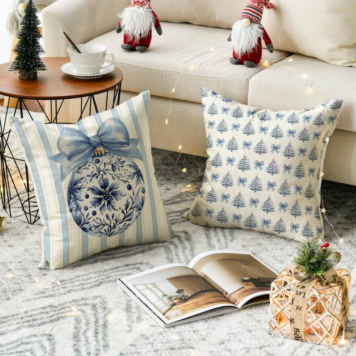 Blue Stripe Christmas Tree Balls Bow Throw Pillow Cover, 18 x 18 Inch Seasonal Snowflake Winter Holiday Cushion Case