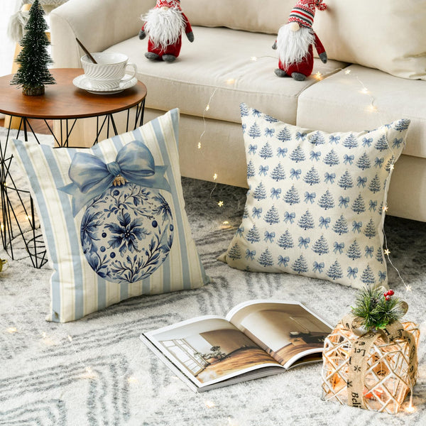 Blue Stripe Christmas Tree Balls Bow Throw Pillow Cover, 18 x 18 Inch Seasonal Snowflake Winter Holiday Cushion Case
