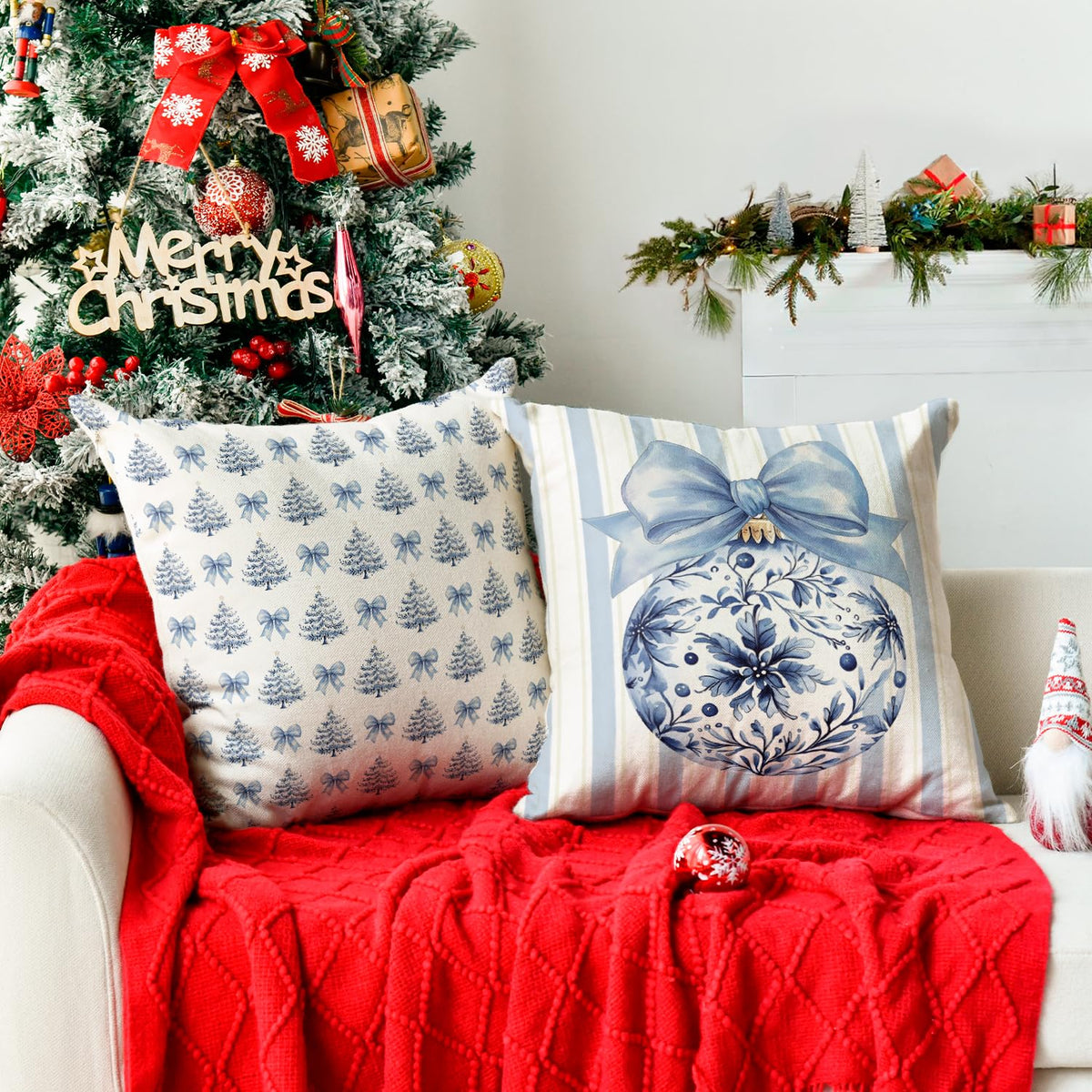 Blue Stripe Christmas Tree Balls Bow Throw Pillow Cover, 18 x 18 Inch Seasonal Snowflake Winter Holiday Cushion Case