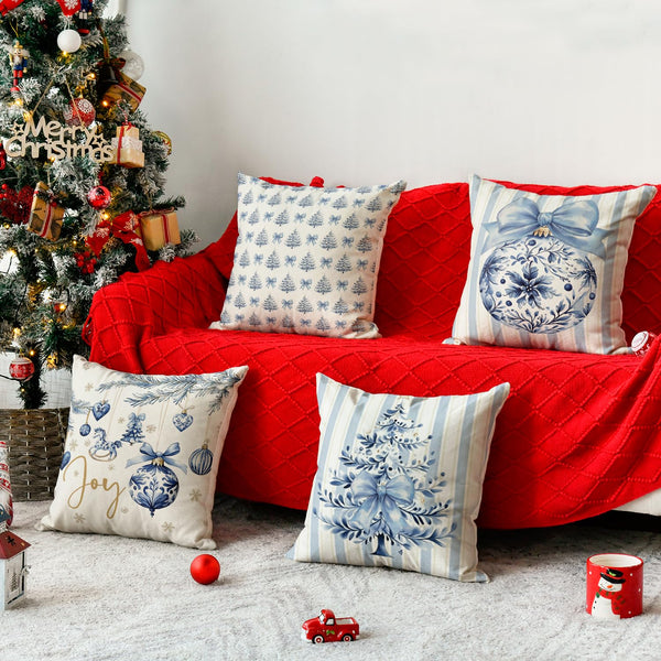 Blue Stripe Christmas Tree Balls Bow Throw Pillow Cover, 18 x 18 Inch Seasonal Snowflake Winter Holiday Cushion Case