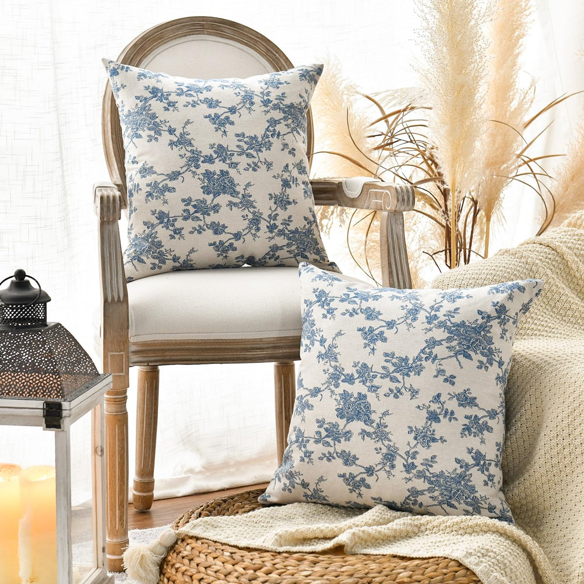 Chinoiserie Grandmillennial Bule White Flower Christmas Throw Pillow Covers 18 x 18 Inch Set of 2