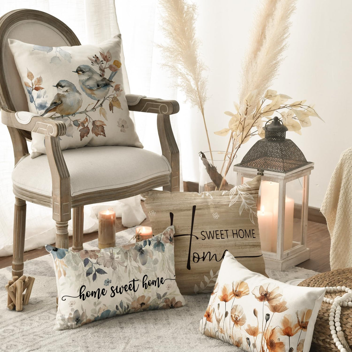 Velvet Chinoiserie Poppy Flowers Chickadee Spring Home Sweet Home Throw Pillow Covers