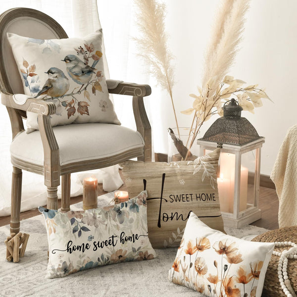 Velvet Chinoiserie Poppy Flowers Chickadee Spring Home Sweet Home Throw Pillow Covers